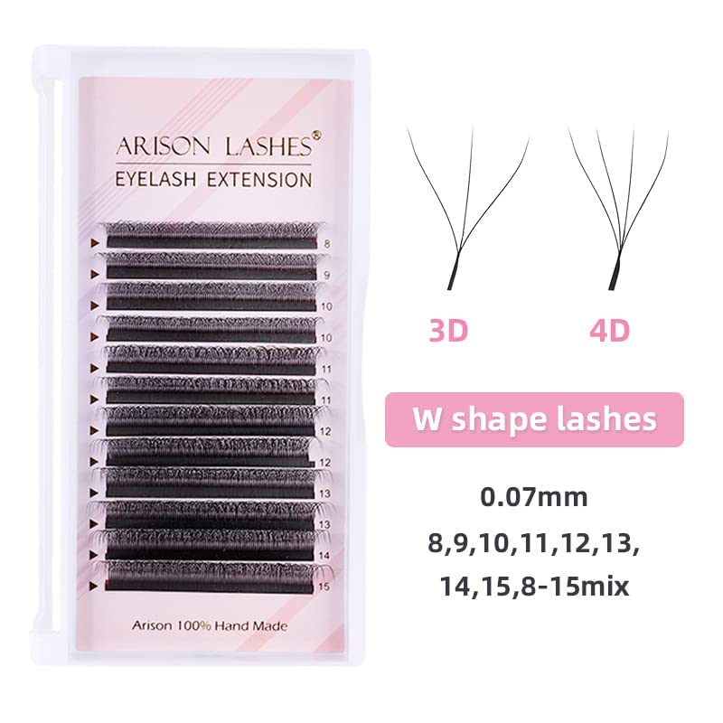 3D W Shape Eyelash Extension Natural Soft Volume 0.07mm D curl 14mm Premade Fans Faux Mink Matte Black Cluster 12 rows