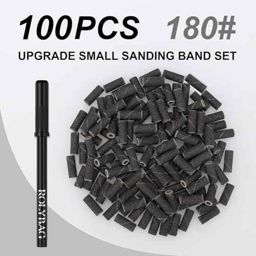 Rolybag 100pcs Small Sanding Bands Nail Drill Bits 180 Fine Grit Nail File Sanding Bands with 3.1mm Mandrel Bit for Acrylic Nails Gel Removing Shaping Professional Manicures and Pedicure,Black
