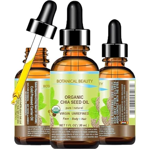 Botanical Beauty Organic CHIA SEED OIL 100% Pure Natural Virgin Unrefined Cold-Pressed Carrier Oil 1 Fl Oz 30 ml for Face, Skin, Body, Hair, Lip, Nails. Rich in Vitamin E