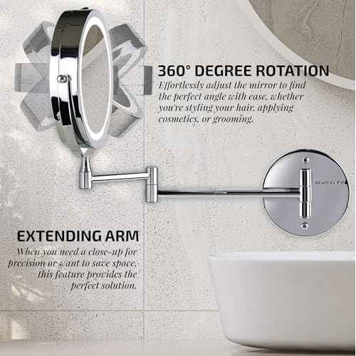 OVENTE Wall Mounted Lighted Makeup Mirror, 7" Double Sided 1X/10X Magnifying Vanity Mirror for Bathroom with LED Lights, Cordless, 360¡Æ Rotation and 13" Extendable Arm, Polished Chrome MFW70CH1X10X