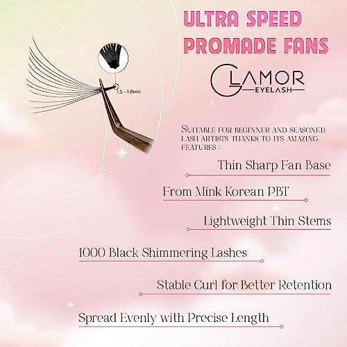 GLAMOREYELASH 1000 Ultra Speed Narrow Promade Fans | Natural Eyelash Extension 3D~16D | Handmade Individual Lashes Extension with 0.03/0.05/0.07mm Thickness of Mink Lashes | C CC D Curl for Cat Eye Lashes | 8 - 17mm Length for Fluffy Eyelash Cluster(10D-0