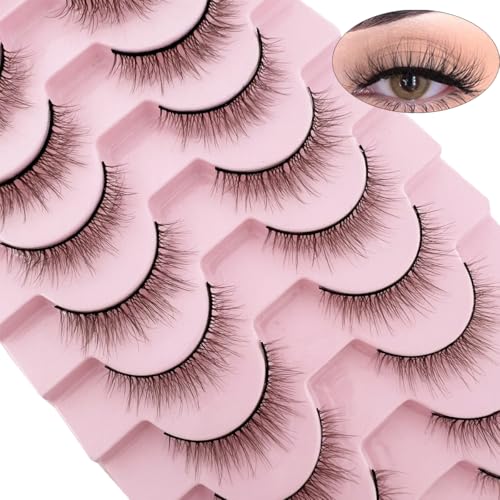 Brown Eyelashes Natural Lashes Cat Eye Wispy False Eyelashes Mink Fluffy Dramatic Light Brown Strip Lashes Long Volume Fake Eyelashes 10 Pairs (MQ611)
