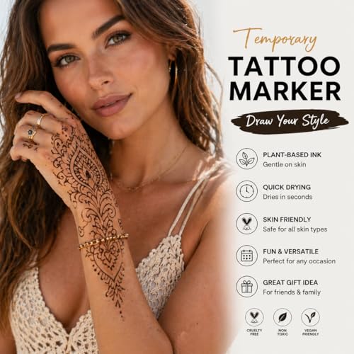 Temporary Tattoo Markers - 15 Colors with Neon Glow & 50 Stencils