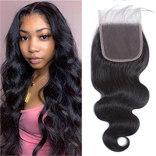 Body Wave Closure Human Hair 6 Inch Transparent Lace 4X4 Closure Only For Women Free Part High Density With Baby Hair Preplucked Bleached Knots Peruvian Virgin Real Human Hair Cheap Natural Color