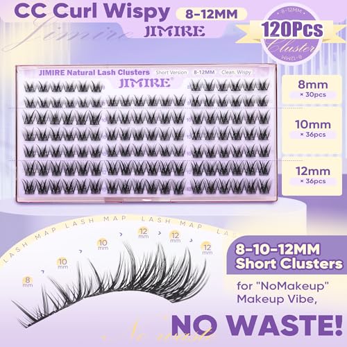 JIMIRE 8-12MM Lash Clusters Natural Look Wispy Cluster Eyelash Extensions C Curly Short Eyelash Clusters 120Pcs Soft DIY Individual Cluster Lashes Natural Lash Extensions at Home