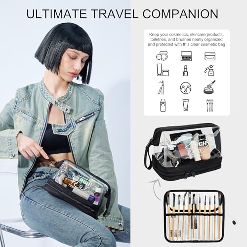 Rough Enough Clear Cosmetic Bag for Women and Men, Leakproof Travel Makeup Organizer, with Detachable Brush Pouch, Large Opening, 6.5¡±x5¡±x8.5¡±