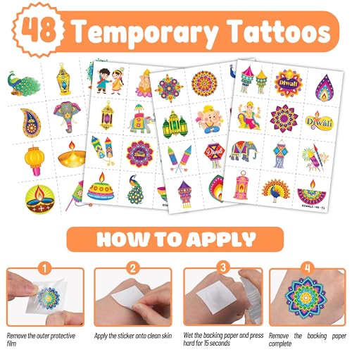 72PCS Diwali Party Set - 48PCS Temporary Tattoos & 24PCS Slap Bracelets - Festival Happy Indian -Themed Birthday Supplies, Baby Shower Gifts, Classroom Rewards & Party Decor for Kids