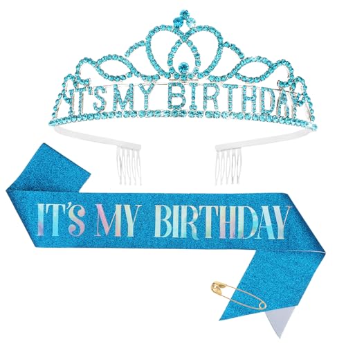 BAHABY It's My Birthday Sash & Rhinestone Tiara Set Princess Birthday Sash and Tiara for Women Birthday Decorations (Black)