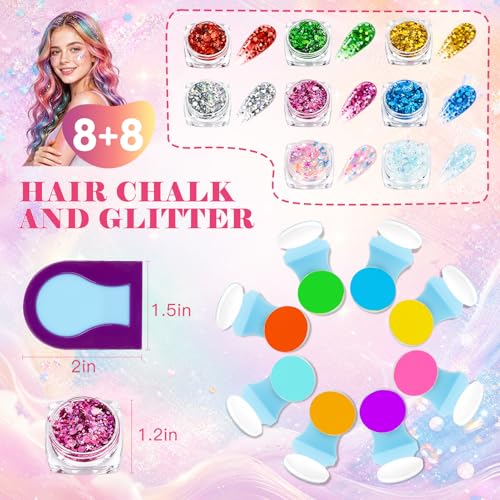 Hair Chalk and Glitter Set - 16 Pcs Temporary Hair Color