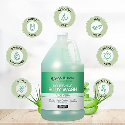 Ginger Lily Farms Club & Fitness Nourishing Body Wash, 100% Vegan & Cruelty-Free, Bath & Shower Gel for Men and Women, Aloe Vera Scent, 1 Gallon (128 fl. oz.) Refill