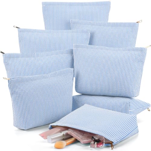 Blue 8-Piece Seersucker Makeup Bag Set for Women - Organizer Pouches