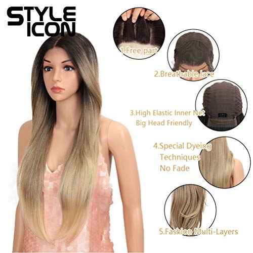 Style Icon Easy-360 Lace Wigs 28" Free Part Lace Frontal Wigs Long Straight Wig Ombre Blonde Synthetic Wig(28", SOP 22613)