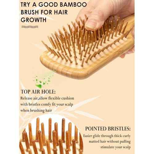 Bamboo Hair Brush for Men Women Detangling Thick Curly Hair, Natural Bamboo Bristles Wooden Paddle Hairbrush with Ergonomic handle for All Hair Types
