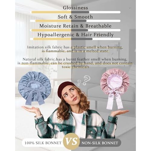 100% Mulberry Silk Bonnet for Sleeping Women Double Layer Silk Hair Bonnet Natural Silk Sleep Cap with Elastic Reversible Hair Wrap (Haze Blue + Sky Blue)