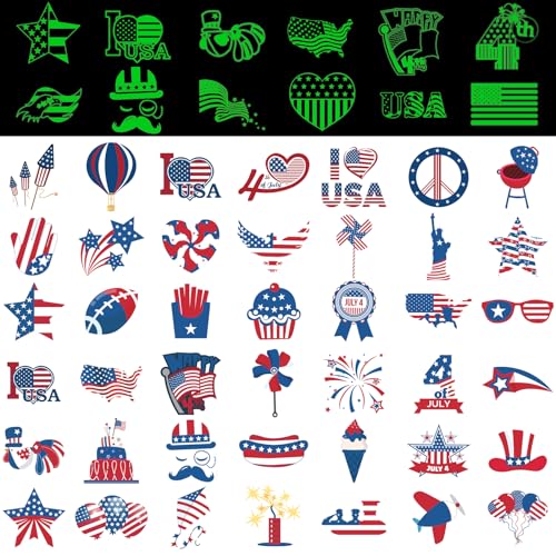288 Patriotic Temporary Tattoos Glow in Dark - 48 Designs