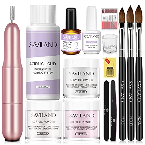 SAVILAND Acrylic Nail Kit with Drill: 3 Colors Acrylic Powder, Nail Liquid, 20,000 RPM Electric Nail File, Brushes & All Essential Tools, Nail Kit for Beginners with Everything for DIY Extension