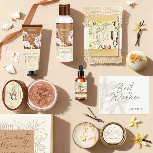Gifts for Women Happy Birthday Gift Baskets, Bath and Body Gift Set Mothers Day Gifts, Vanilla Coconut Relaxing Home Spa Set Self Care Gift for Mom Sister Her Wife Grandma Girlfriend Friends