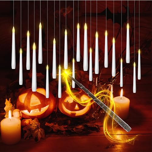 GNSTOP 20 Pcs Floating Candles with Wand Enchanting Hanging Decorations, Flickering Warm Light, Battery Operated Flameless LED Remote-Controlled for Christmas Tree Decor Gift.