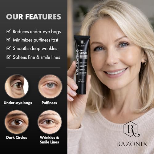 RazoniX Instant Eye Lift Serum for Dark Circles & Puffiness, 2-Minute Tightening, Hyaluronic & Caffeine