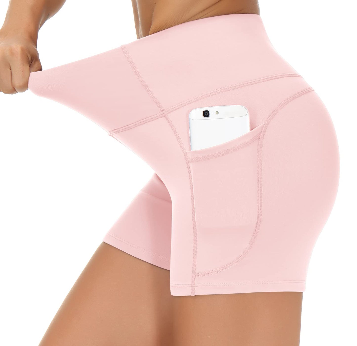 THE GYM PEOPLE High Waist Yoga Shorts for Women's Tummy Control Fitness Athletic Workout Running Shorts with Deep Pockets (Small, Pink)