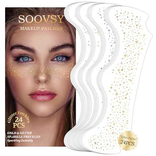 24pcs Gold and Silver Glitter Freckles Face Tattoo, Sparkle Freckles Temporary Face Tattoos, Body Face Glitter Makeup Patches Speckles, Waterproof Long Lasting Makeup Accessories for Women Girls