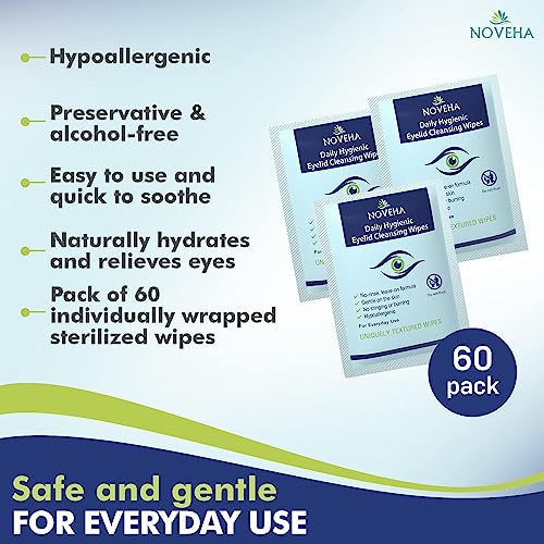 NOVEHA Daily Hygienic Eyelid & Lash Wipes | For Blepharitis & Itchy Eyes, Demodex | Box Of 60 Individually Wrapped Eyelash Wipes, Natural Makeup Remover & Daily Cleanser