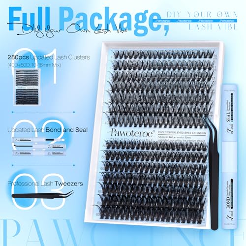 Pawotence Lash Clusters Kit 40D 60D Lash Extension Kit 10-18mm Cluster Eyelash Extension Kit Individual Lashes 280pcs Eyelash Clusters with Lash Bond and Seal, Lash Tweezers for Self Use