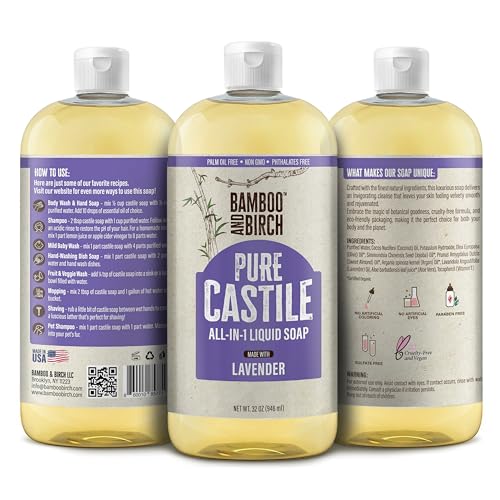 BAMBOO AND BIRCH Pure Castile Soap Liquid Organic, Certified Palm Oil Free Natural Soap, Lavender, 32 oz