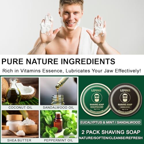 Shaving Kit for Men, Including Eucalyptus & Mint Pre-Shave Oil, After Shave Balm, 2 Packs Shaving Soap, Shaving Brush and Bowl, Beard Bib, Unique Gift for Men Stocking Stuffers