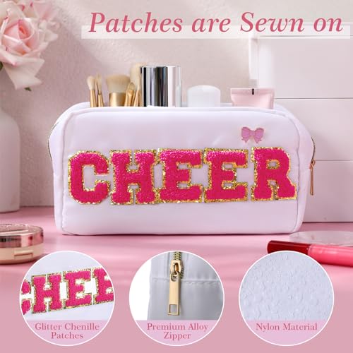 Kacctyen 6 Pcs Cheer Chenille Letter Makeup Bags with 6 Pcs Pins Appreciation Gift Preppy Patch Makeup Bag Nylon Teach Pouch for Work School Retirement Birthday