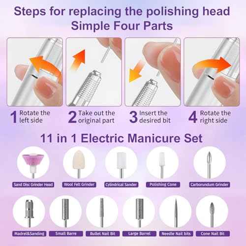 Professional Nail Drill Electric 35000RPM Pink Nail File for Acrylic Gel Nails Polish Removing Portable Cordless Rechargeable Nail Drill Kit with Base for Home Salon Manicure Pedicure