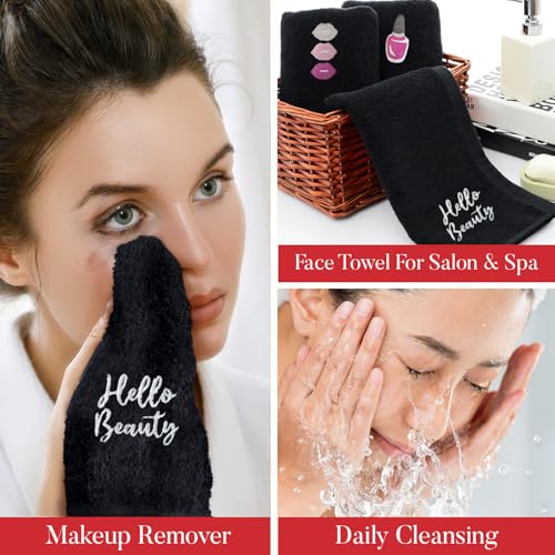 RIVERSIDE Black Makeup Towels - Pack of 6 (13x13) Soft Cotton Makeup Washcloths for Face - Reusable, Quick-Dry Makeup Remover Towels for Bathroom, Spa & Salon - Gentle on Skin - Hello Beauty