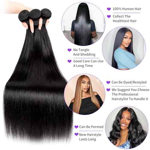 12A Brazilian Straight Bundles Human Hair 20 22 24 Inch 100% Unprocessed Virgin Hair Straight Weave Bundles Human Hair 3 Bundles (300g Natural Black)