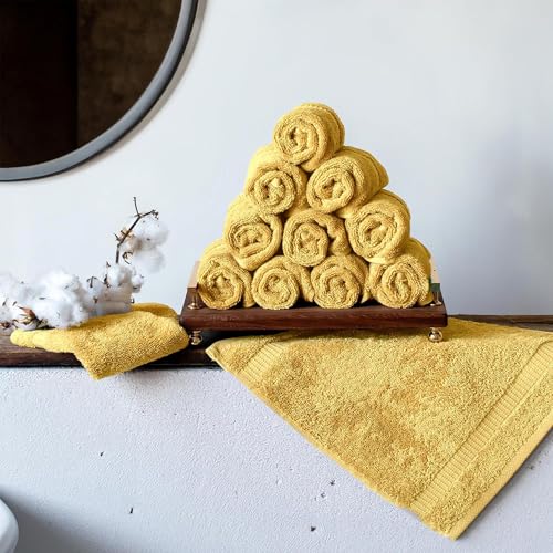 SALBAKOS 100% Turkish Cotton Washcloth Set of 12 13x13 inch | Heirloom Quality | Hotel & Spa Collection | Ultra Soft, Super Absorbent, Washcloth Towels | Made in Turkey (Yellow, 12 Washcloths)