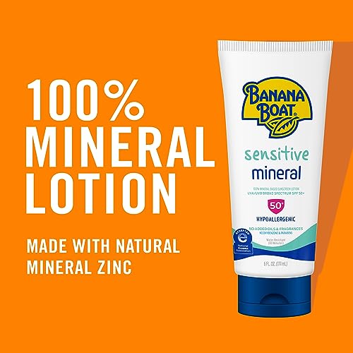 Banana Boat Sensitive 100% Mineral Sunscreen Lotion SPF 50, 6oz | Body Sunscreen, Sensitive Skin Sunblock, Oxybenzone Free Sunscreen, Banana Boat Mineral Sunscreen SPF 50, 6oz