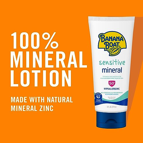 Banana Boat Sensitive 100% Mineral Sunscreen Lotion SPF 50 Twin Pack | Body Sunscreen, Sensitive Skin Sunblock, Oxybenzone Free Sunscreen, Banana Boat Mineral Sunscreen SPF 50, 6oz each