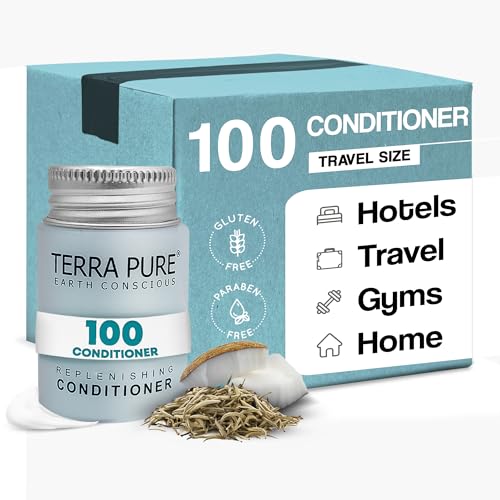 Travel Size Hotel Conditioner 100 Count 1oz Bottles Guest Amenities for Hotels Vacation Rentals & Short Term Rentals Paraben Free White Tea and Coconut Scent Infused with Aloe & Olive Oil | Terra Pure