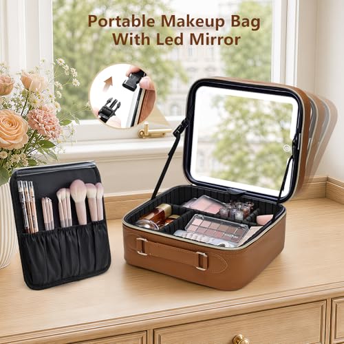 Faquenc LED Makeup Bag with Mirror - 10.2" Travel Train Case