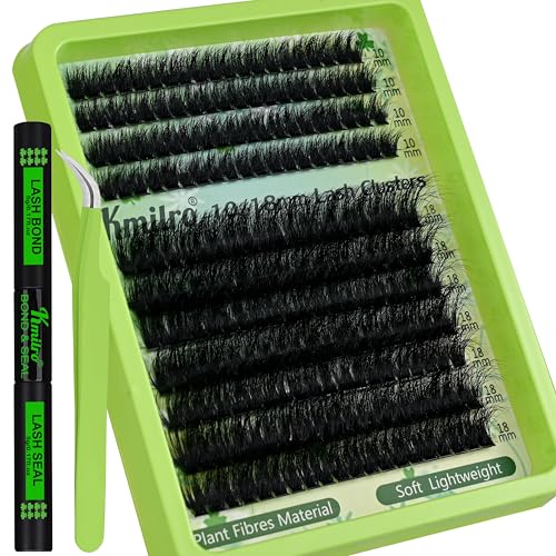 Kmilro Fluffy Lash Clusters Kit 10+18mm Thick Cluster Eyelash Extensions Kit 180D D Curl Volume DIY Lash Extension 220pcs Thin Band Soft Wispy Individual Lashes Kit with Bond and Seal Lash Tweezers