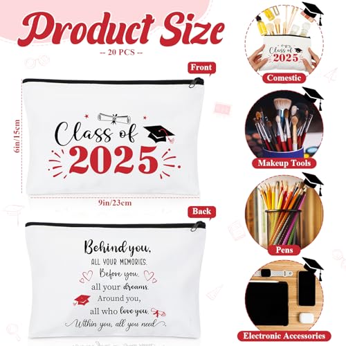 Meanplan 20 Pcs Graduation Gift Bulk Class of 2025, Canvas Makeup Bag Graduation Party Favors Inspirational Cosmetic Pouch Thank You for Guest Her Women Teacher Student Christmas(Red)