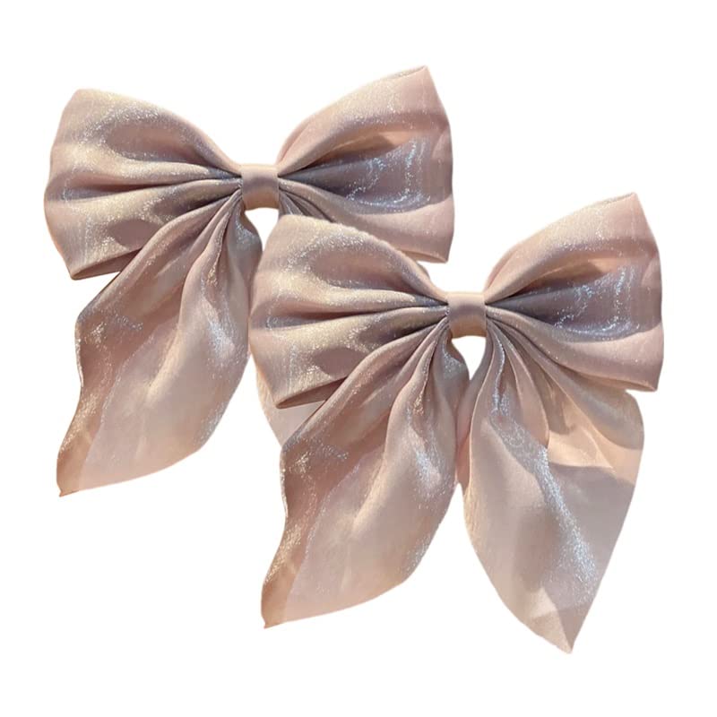 2PCS Large Bow Hair Clips for Women Girls Pearlescent Satin Hairpins Bow Ribbon Barrettes Duckbill Hair Accessories Beige