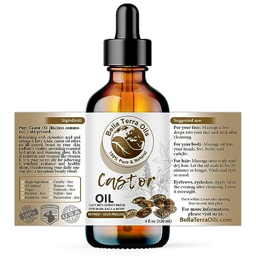 Bella Terra Oils - Organic Castor Oil 4oz Glass Bottle - Luxuriate with Cold-Pressed Organic Castor Goodness, Overflowing with Palmitic Acid, Perfect Skin Partner