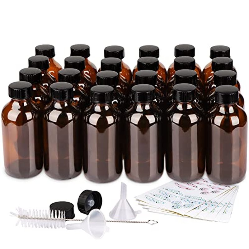 24 Pack 4oz Amber Glass Bottles with Caps, Labels & Funnels
