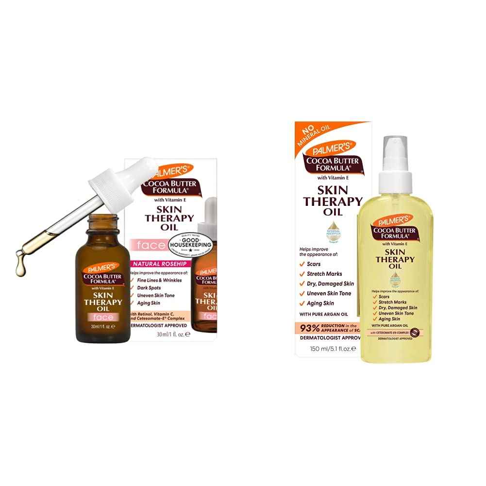 Palmer's Cocoa Butter Formula Moisturizing Skin Therapy Oil for Face with Vitamin E, C & 10 Pure Facial Oil Blend, Rosehip Fragrance (1 Ounce) and Palmer's Cocoa Butter Formula Skin Therapy Moisturizing Body Oil with Vitamin E (5.1 Ounces)