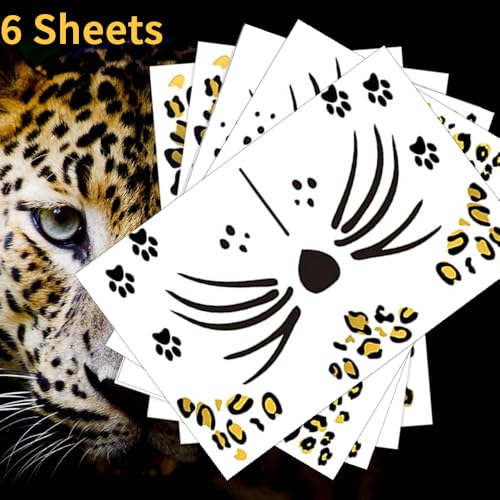Leopard Print Temporary Tattoos - 6 Sheets Cheetah Face Stickers