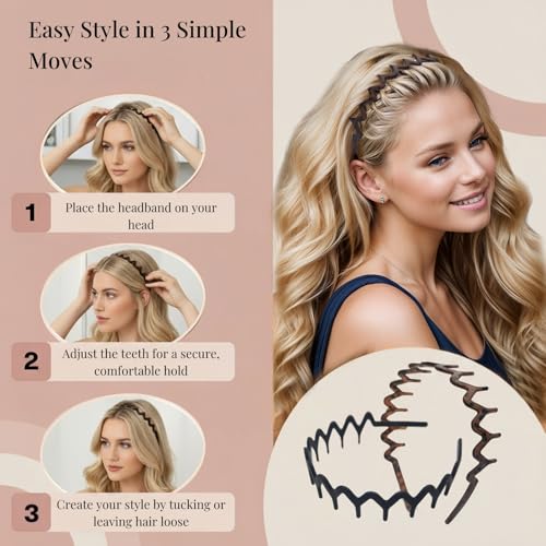 Zig Zag Headband with Teeth Comb - Non-Slip Hair Grip 2pcs