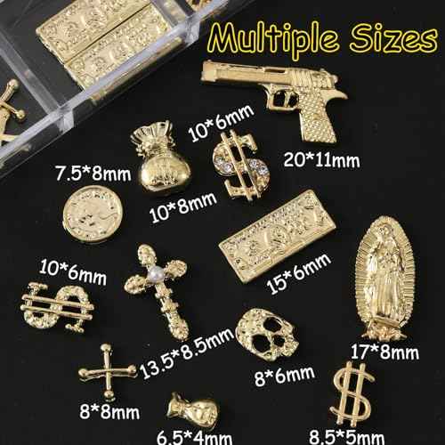 58PCS 3D Nail Charms - Gold Alloy Dollar, Gun, Virgin Mary,Cron & Cross Charms, Shiny Nail Rhinestones for Nail Art, Manicure, DIY Jewelry Making