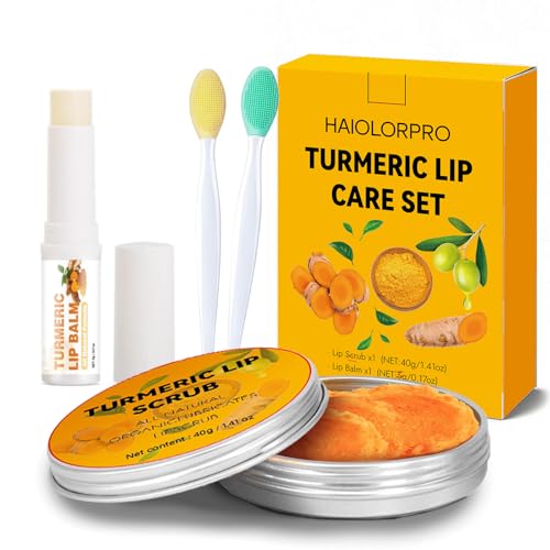 Turmeric Lip Scrub & Balm Set with Brush - Exfoliating Lip Care