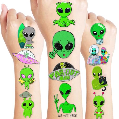 96PCS Cute Alien Temporary Tattoos Themed Birthday Party Decorations Supplies Favors Decor Funny Outer Space Galaxy Stickers Tattoo Gifts for Girls Boys School Prizes Carnival Halloween Christmas