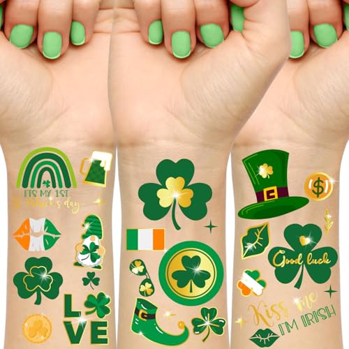 32 Sheets 100+ PCS Glitter St. Patrick's Day Shamrock Temporary Tattoos with Gold Foil Highlights, St. Patrick's Day Accessories, Party Favors, All Ages